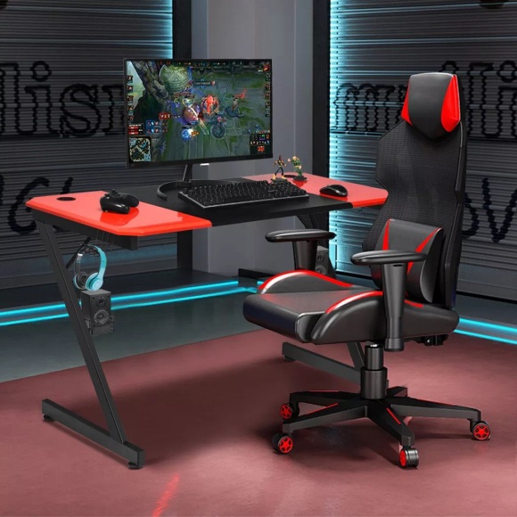 Northix - Z-förmiger Gaming Tisch Computertisch PC Tisch mit Becherhalter Kopfhörerhaken & Boxenständer Schreibtisch/rot, 120cm