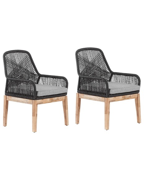 Beliani Gartenstuhl schwarz / heller Holzfarbton 2er Set Auflagen grau OLBIA