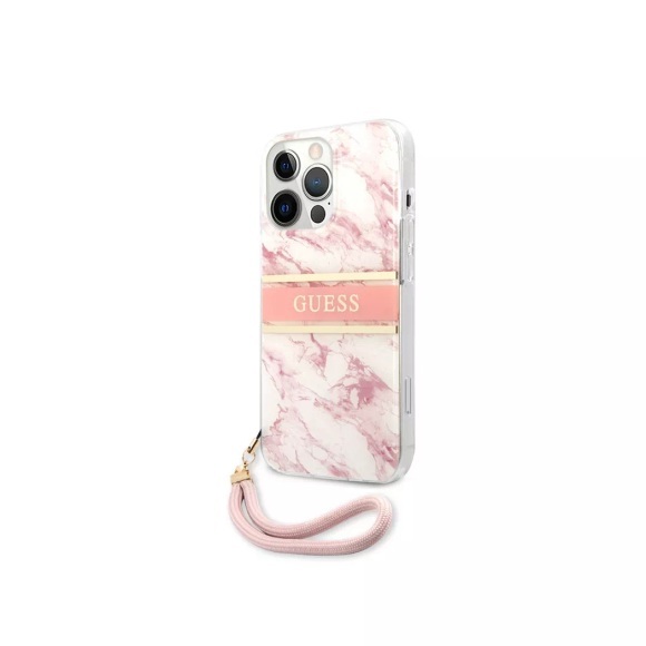 Guess - iPhone 13 Pro Hardcase Hülle Marble Strap (GUHCP13LKMABPI) - Weiss / Rosa