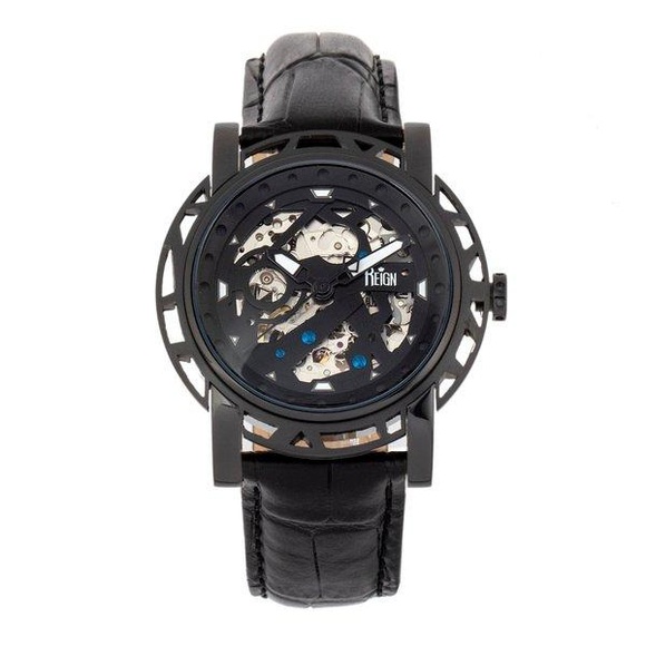 Reign - Automatik-Lederarmbanduhr Stavros - Schwarz