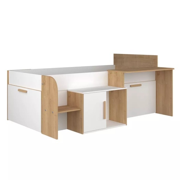 Kombi-Bett 90 x 200 cm - Mit Schreibtisch & Stauraum - Weiß & Holzfarben - PEDRO Kombi-Bett 90 x 200 cm - Mit Schreibtisch & Stauraum - Weiß & Holzfarben - PEDRO