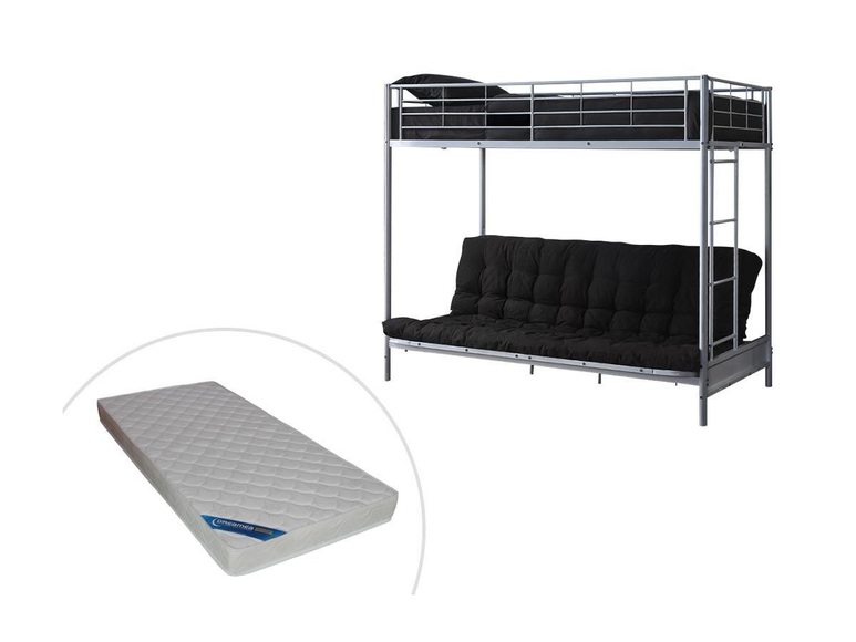 Hochbett mit Schlafsofa + Futonmatratze + Matratze - 90 x 190 cm - Metall - Silberfarben & Schwarz - MODULO IV Hochbett mit Schlafsofa + Futonmatratze + Matratze - 90 x 190 cm - Metall - Silberfarben & Schwarz - MODULO IV
