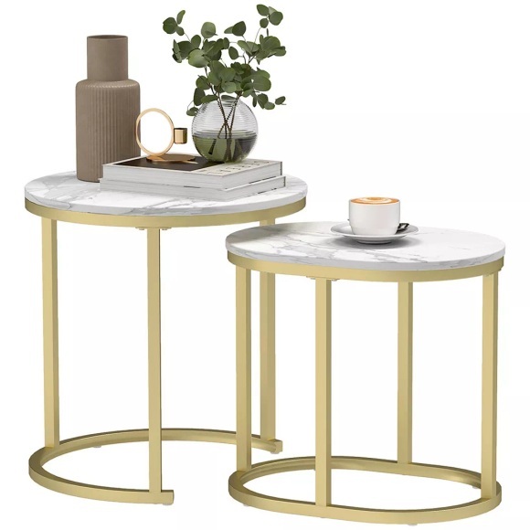 Northio - Couchtisch rund 2er Set Stapelbarer Beistelltisch mit Stahlrahmen, Wohnzimmertisch Kaffeetisch für Wohnzimmer Schlafzimmer Weiß Aosom, 70 CM