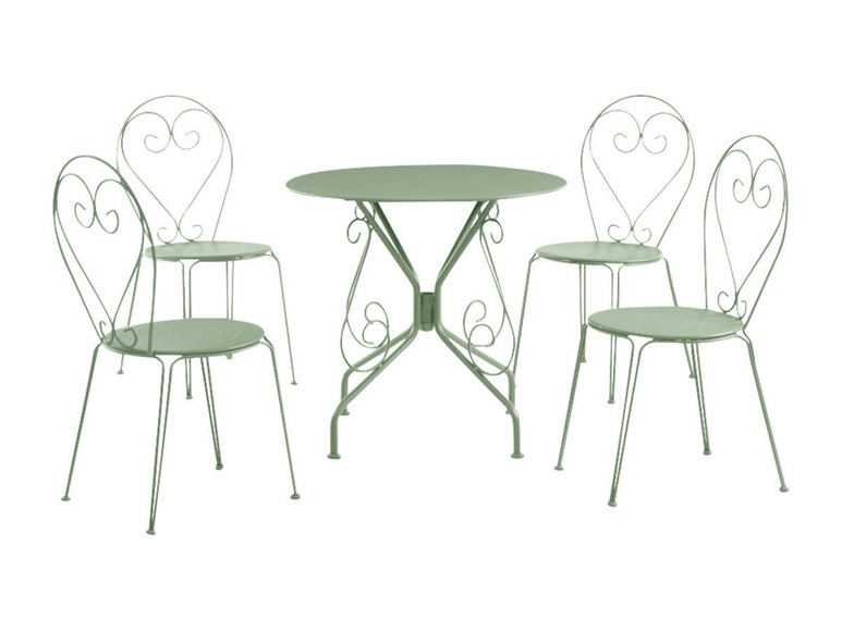 Garten Essgruppe: Tisch + 4 stapelbare Stühle - Metall in Eisenoptik - Grün - GUERMANTES Garten Essgruppe: Tisch + 4 stapelbare Stühle - Metall in Eisenoptik - Grün - GUERMANTES