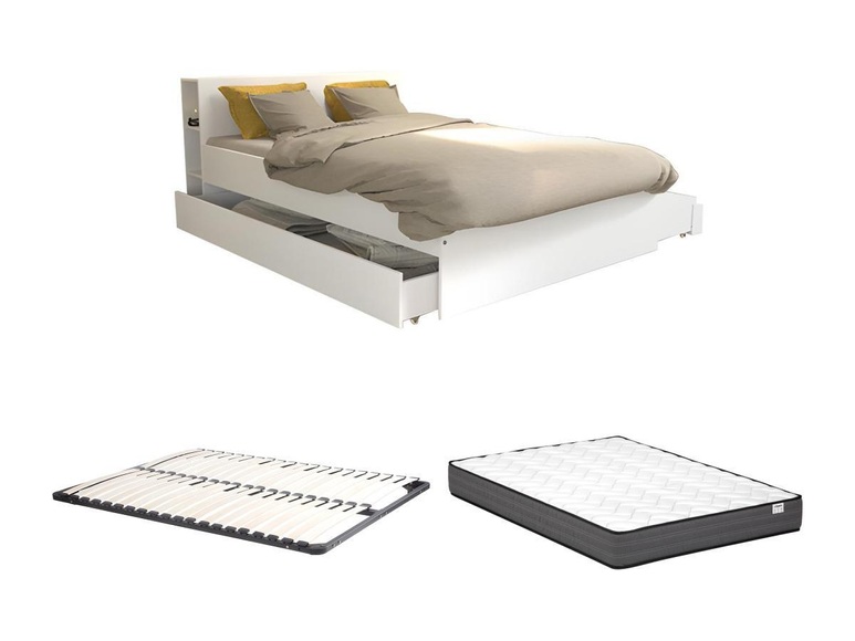 Bett mit Kopfteil, Stauraum und Schubladen - 160 x 200 cm - Weiß + Lattenrost + Matratze- EUGENE Bett mit Kopfteil, Stauraum und Schubladen - 160 x 200 cm - Weiß + Lattenrost + Matratze- EUGENE