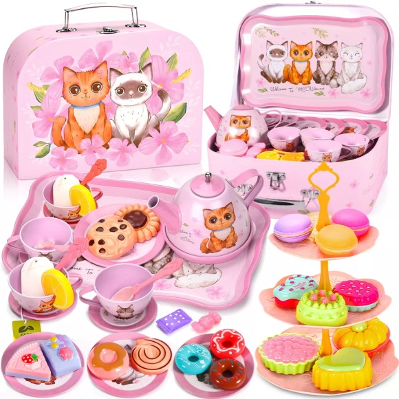 Activity-board - 50-teiliges Teeset Kinder, Kinder mit Kätzchen Koffer, Teeparty Rollenspiel Spielzeug für kleine Tee-Set Des, One Size, Pink