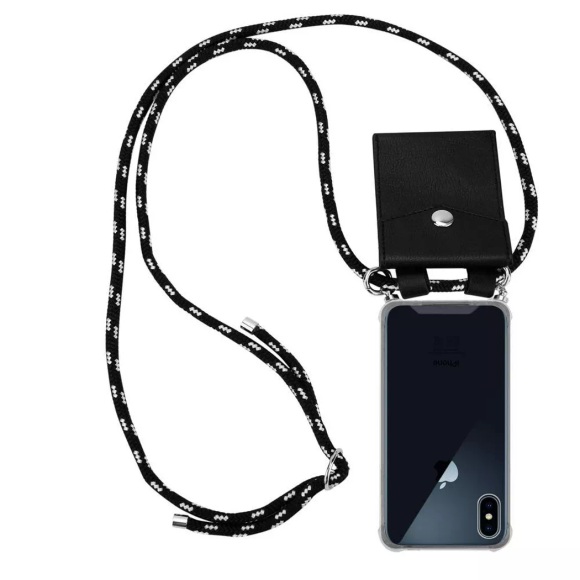 Cadorabo Handy Kette für Apple iPhone X / XS in SCHWARZ SILBER - Silikon Necklace Umhänge Hülle mit Silber Ringen, Kordel Band Schnur und abnehmbar...