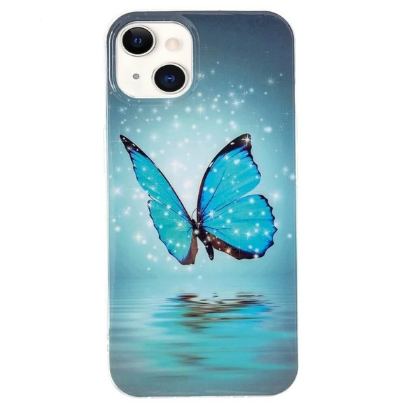 iPhone 15 Plus - Nachtleuchtende Silikon Hülle Blue Butterfly