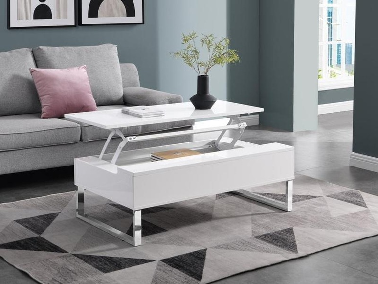 Couchtisch höhenverstellbar - MDF & Metall - Weiß lackiert - SECALI Couchtisch höhenverstellbar - MDF & Metall - Weiß lackiert - SECALI