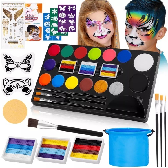 Activity-board - Kinderschmink-Set, 18 Farben, 4 professionelle Pinsel, schnell trocknend, ungiftig, leicht abwaschbar, Schablonen, Reinigungsschwamm, One Size, Multicolor