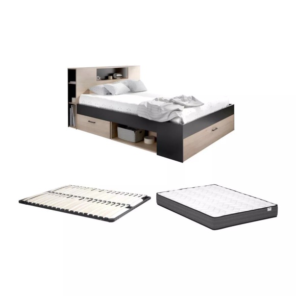 Bett mit Stauraum & Schubladen + Lattenrost + Matratze - 140 x 190 cm - Naturfarben & Anthrazit - LEANDRE Bett mit Stauraum & Schubladen + Lattenrost + Matratze - 140 x 190 cm - Naturfarben & Anthrazit - LEANDRE