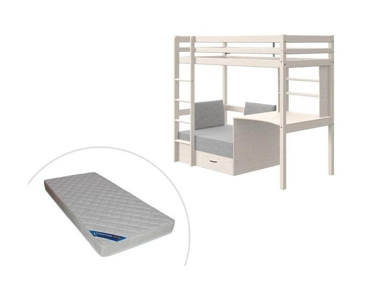Hochbett mit Schreibtisch + Schlafsofa + Stauraum + Matratze Kiefer massiv GOLIATH II Hochbett mit Schreibtisch + Schlafsofa + Stauraum + Matratze Kiefer massiv GOLIATH II
