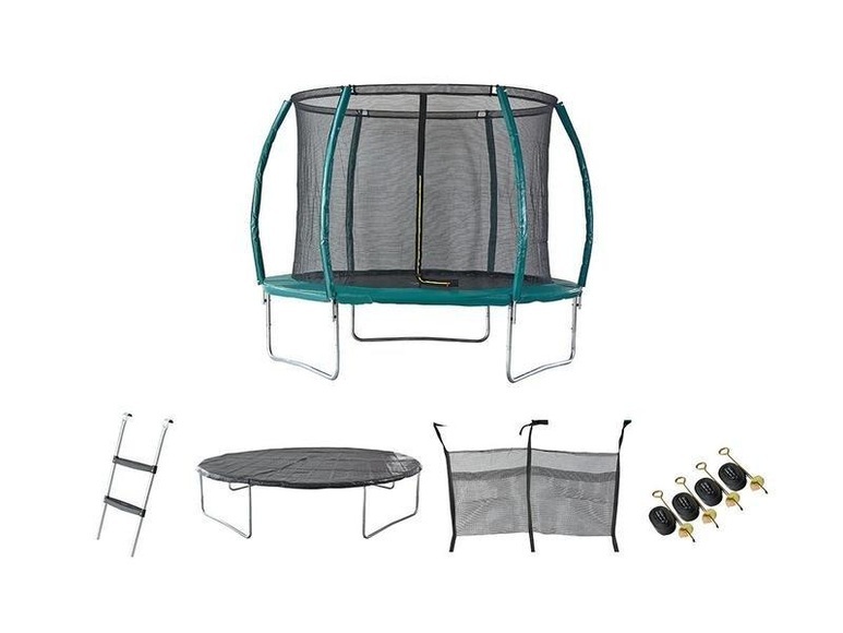 Gartentrampolin mit Sicherheitsnetz + Leiter + Abdeckplane + Verankerungsset 5WALLABY Grün