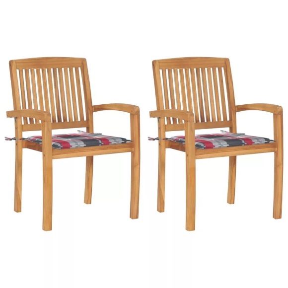 vidaXL Gartenstühle 2 Stk. Rote Karomuster Kissen Massivholz Teak