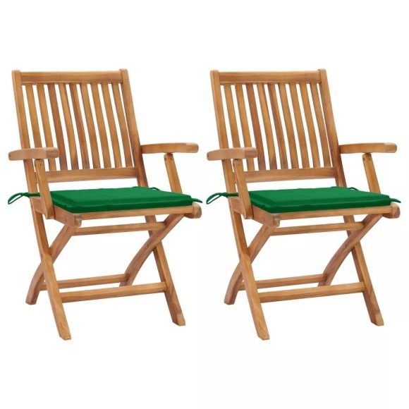 vidaXL Gartenstühle 2 Stk. mit Grünen Kissen Teak Massivholz