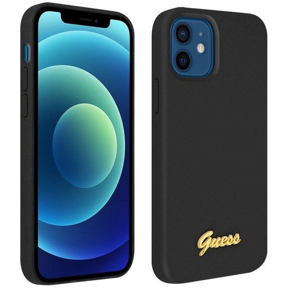 Guess - iPhone 12 Mini Silikon Hardcase Hülle Vintage Script (GUHCP12SLSLMGBK) - Schwarz / Gold