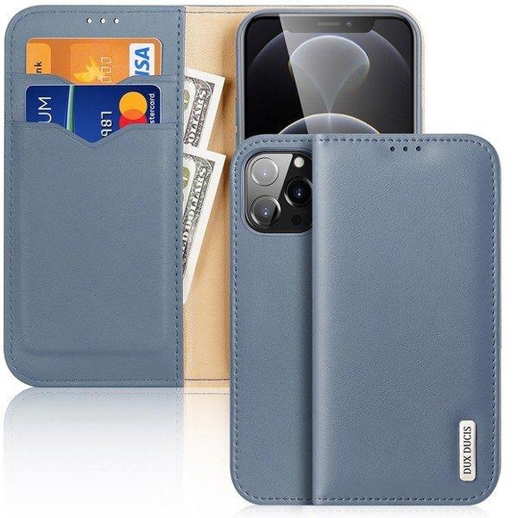 Dux Ducis - iPhone 13 Pro Max Flip Wallet Cover Echtleder Tasche (RFID Schutz) - Blau