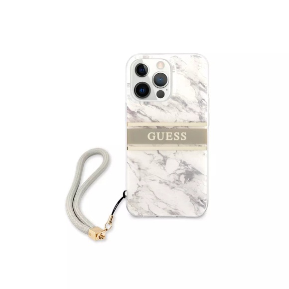 Guess - iPhone 13 Pro Hardcase Hülle Marble Strap (GUHCP13LKMABGR) - Weiss / Grau