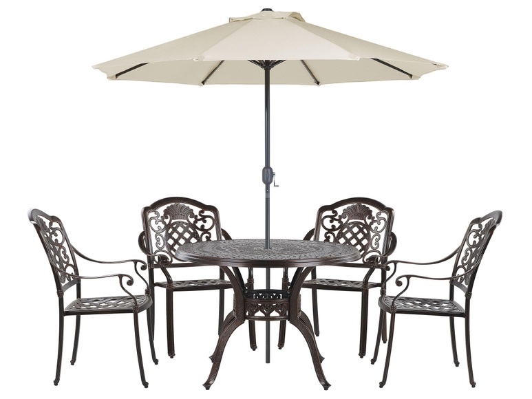 Gartentisch Set mit Schirm aus Aluminium Retro SALENTO Gartentisch Set mit Schirm aus Aluminium Retro SALENTO