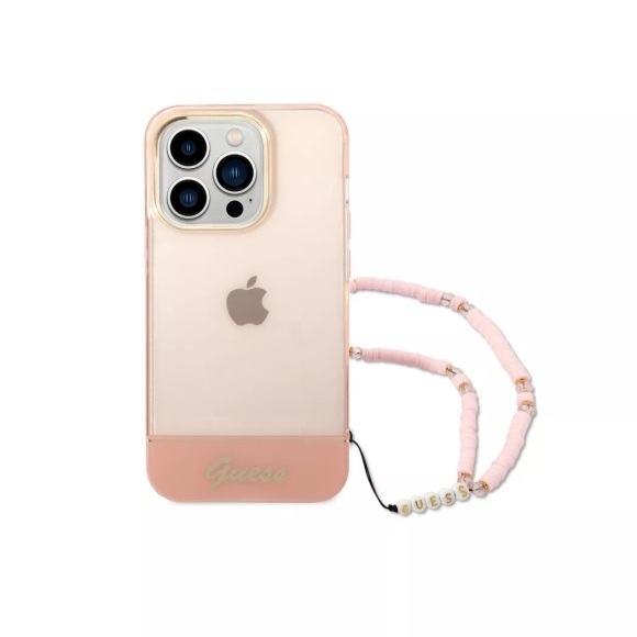 Guess - iPhone 14 Pro Max Hardcase Hülle Translucent + Pearl Strap Trageschlaufe (GUHCP14XHGCOHP) - Rosa / Transparent