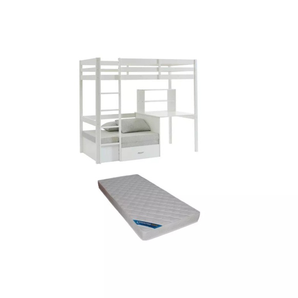 Hochbett mit Schreibtisch, Schlafsofa & Stauraum + Matratze - 90 x 200 cm - massives Kiefernholz - Weiß - GOLIATH III Hochbett mit Schreibtisch, Schlafsofa & Stauraum + Matratze - 90 x 200 cm - massives Kiefernholz - Weiß - GOLIATH III