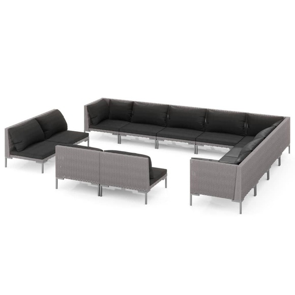 vidaXL 12-tlg. Garten-Lounge-Set mit Auflagen Poly Rattan Dunkelgrau