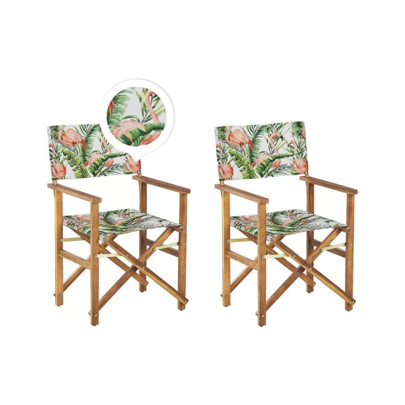 Beliani Gartenstuhl Akazienholz hellbraun Textil cremeweiss / bunt Flamingomuster 2er Set CINE