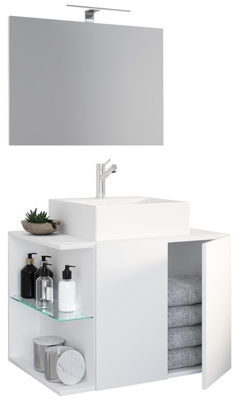 3-tlg. Waschplatz Waschtisch Badmöbel Set Waschbecken Spiegel Hausa Drehtür 3-tlg. Waschplatz Waschtisch Badmöbel Set Waschbecken Spiegel Hausa Drehtür