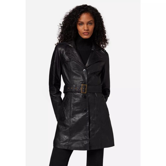 RICANO - Ledermantel Kate, Trenchcoat mit Gürtel, XXL, Schwarz