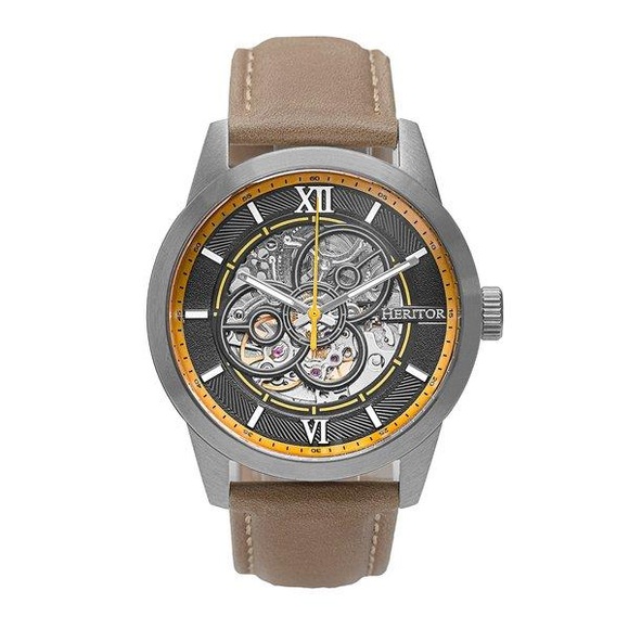 Heritor - Automatik-Lederarmbanduhr Jonas - Silber und Dunkelbeige