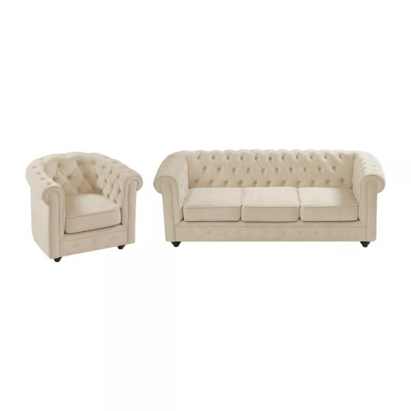 Vente-unique - Sofa 3-Sitzer & Sessel - Samt - Beige - CHESTERFIELD, One Size