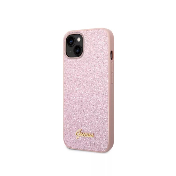Guess - iPhone 14 Hardcase Hülle Glitter Script (GUHCP14SHGGSHP) - Rosa / Transparent