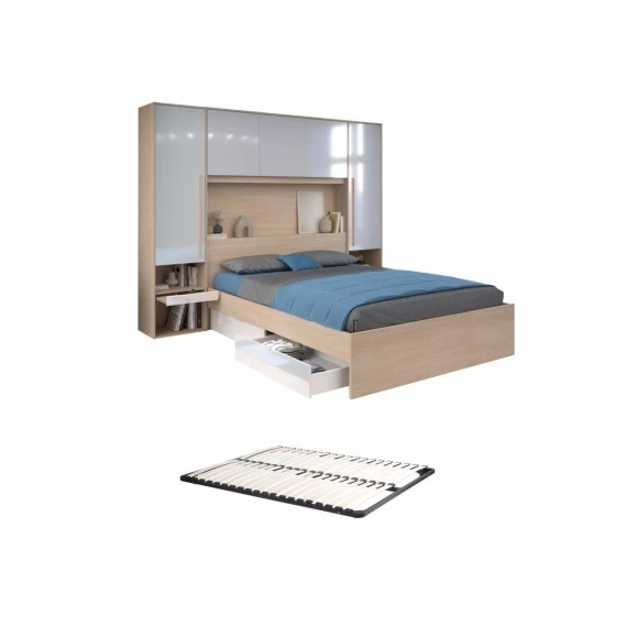 Bett mit Stauraum 160 x 200 cm mit LED-Beleuchtung + Lattenrost - Holzfarben & glänzend - VELONA Bett mit Stauraum 160 x 200 cm mit LED-Beleuchtung + Lattenrost - Holzfarben & glänzend - VELONA