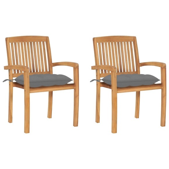 vidaXL Gartenstühle 2 Stk. mit Grauen Kissen Massivholz Teak