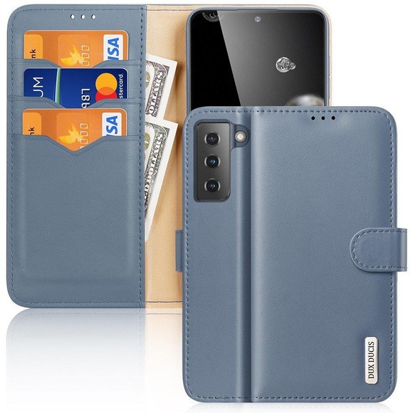 Dux Ducis - Samsung Galaxy S21+ Plus 5G Flip Wallet Cover Echtleder Tasche (RFID Schutz) - Blau