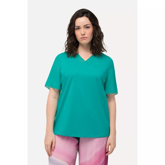 Ulla Popken - T-Shirt, Chiffon-Blende, V-Ausschnitt, Chiffon-Halbarm, für Damen, Türkisblau, Größe 54/56