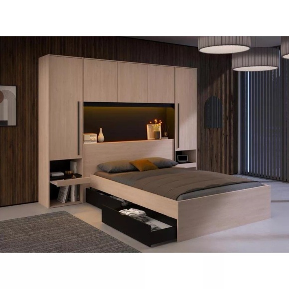 Bett mit Stauraum & LEDs - 160 x 200 cm - Naturfarben & Schwarz - VELONA Bett mit Stauraum & LEDs - 160 x 200 cm - Naturfarben & Schwarz - VELONA