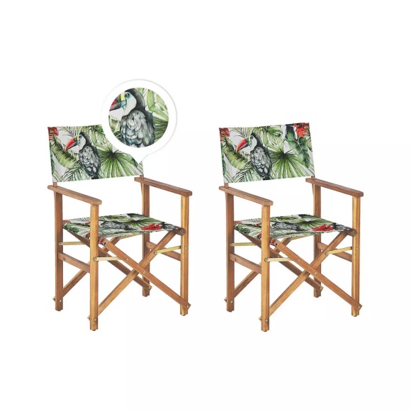 Beliani Gartenstuhl Akazienholz hellbraun Textil grau / bunt Tukanmotiv 2er Set CINE