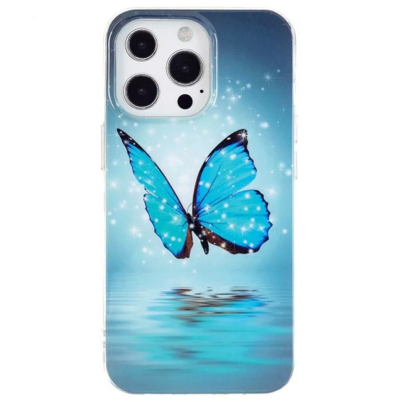 iPhone 15 Pro - Nachtleuchtende Silikon Hülle Blue Butterfly