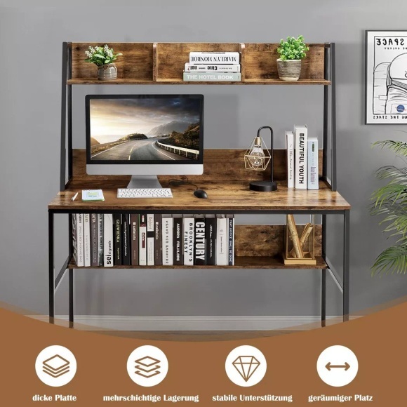 B2X - Computertisch mit Ablage & Bücherregal & Verstellbaren Fußpads Schreibtisch Arbeitstisch Kaffee, 120 x 55 cm
