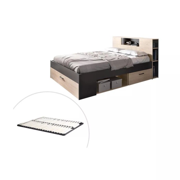 Bett mit Stauraum & Schubladen + Lattenrost - 160 x 200 cm - Naturfarben & Anthrazit - LEANDRE Bett mit Stauraum & Schubladen + Lattenrost - 160 x 200 cm - Naturfarben & Anthrazit - LEANDRE