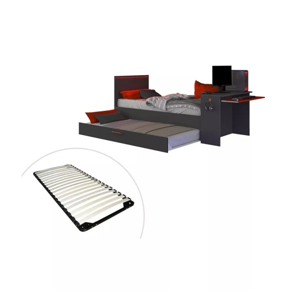 Ausziehbett Gamer mit Schreibtisch & LEDs + Lattenrost  - 2 x 90 x 200 cm - Anthrazit & Rot - VOUANI Ausziehbett Gamer mit Schreibtisch & LEDs + Lattenrost  - 2 x 90 x 200 cm - Anthrazit & Rot - VOUANI