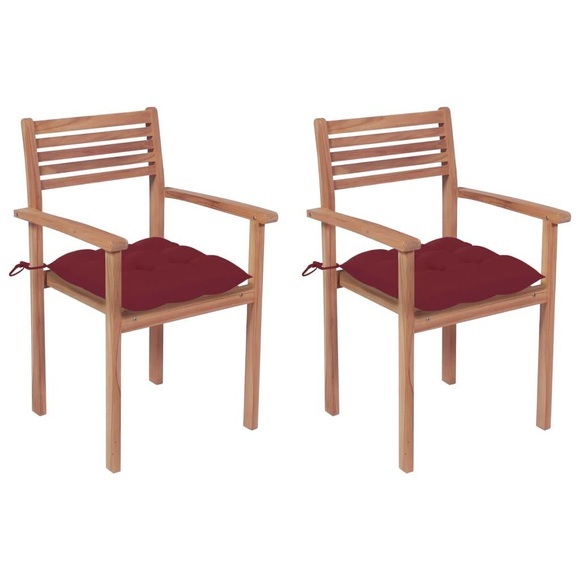 vidaXL Gartenstühle 2 Stk. mit Weinroten Kissen Massivholz Teak