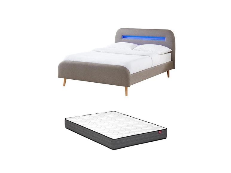 Bett mit Matratze - 140 x 190 cm - Mit LED-Beleuchtung - Stoff - Grau - AMBROISE II Bett mit Matratze - 140 x 190 cm - Mit LED-Beleuchtung - Stoff - Grau - AMBROISE II