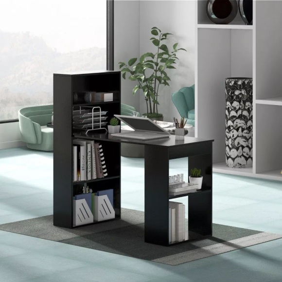 B2X - Schreibtisch mit Bücherregal Computertisch mit 6 Regalen PC-Tisch mit Regal Bürotisch Schwarz, One Size