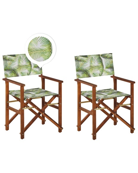 Beliani Gartenstuhl Akazienholz dunkelbraun Textil grau / hellgrün Palmenmotiv 2er Set CINE