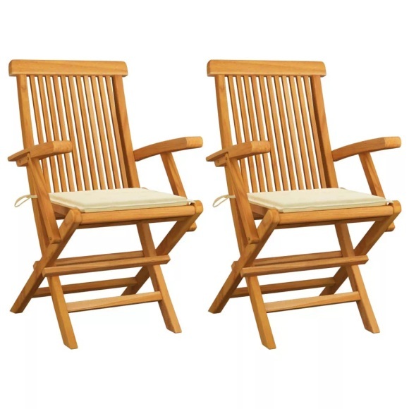 vidaXL Gartenstühle mit Cremeweißen Kissen 2 Stk. Massivholz Teak