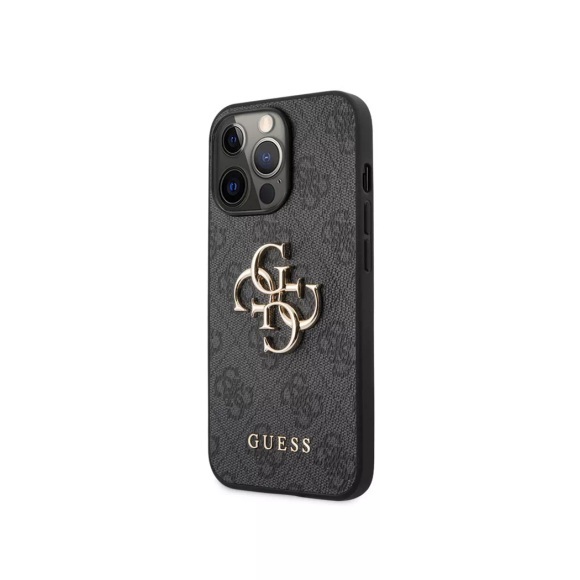 Guess - iPhone 13 Pro Leder Hardcase Hülle Metall Logo (GUHCP13L4GMGGR) - Grau / Gold
