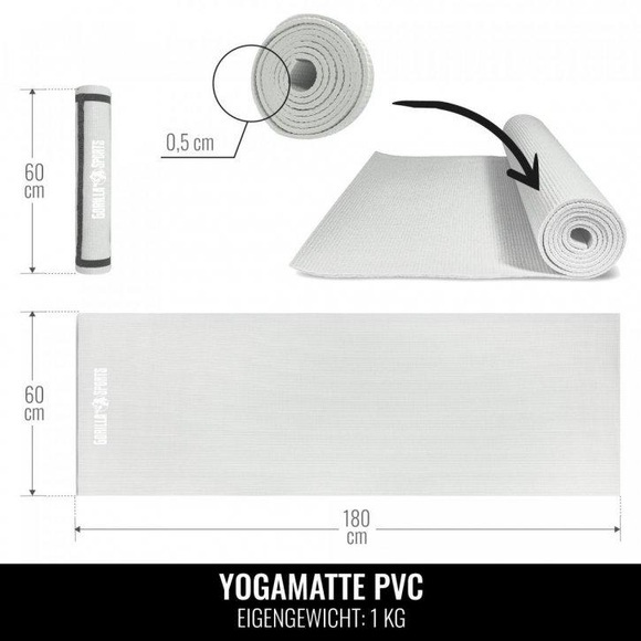 Gorilla Sports - PVC Yogamatte cool grey 180 x 60 x 0,5 cm