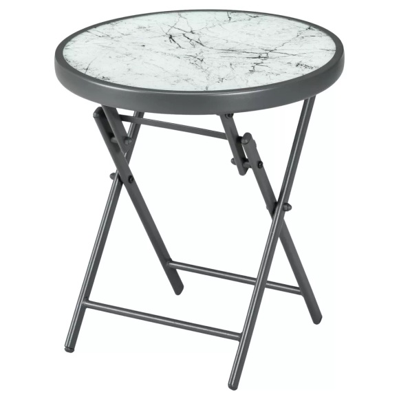 Northio - Beistelltisch klappbar, Klapptisch aus Glas mit Marmoroptik, kleiner Campingtisch, runder Sofatisch Balkontisch für Balkon Terrasse Wohnzimmer Büro, 45 x 45 x 50 cm, Weiß, 45 x 45 cm